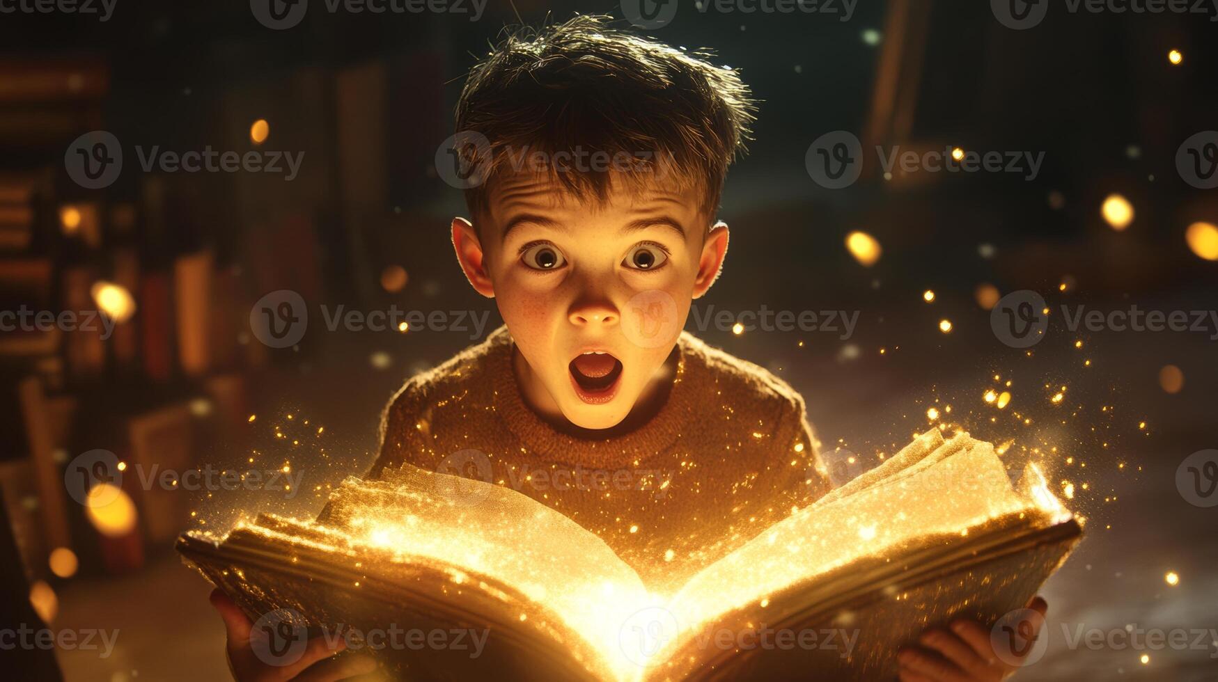 A curious boy gazes in awe at an enchanted book filled with glowing magic in a cozy, dimly lit room photo
