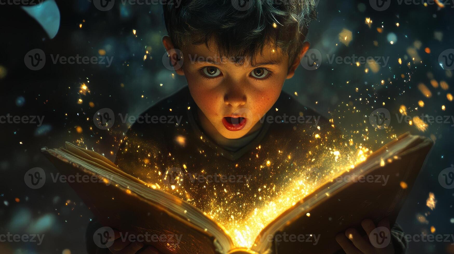 A boy experiences wonder while holding an open book that shines with magical light in a fantastical setting photo