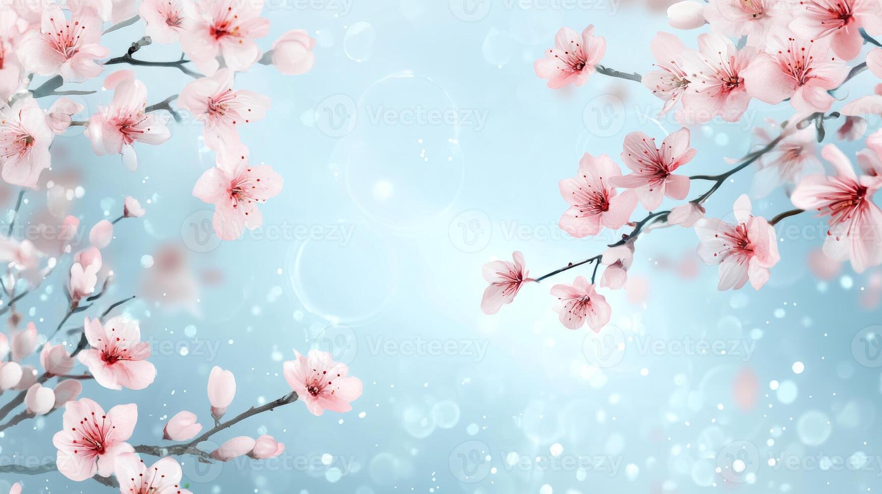 Cherry blossoms elegantly bloom against a soft blue bokeh background, creating a dreamy and serene atmosphere in springtime photo