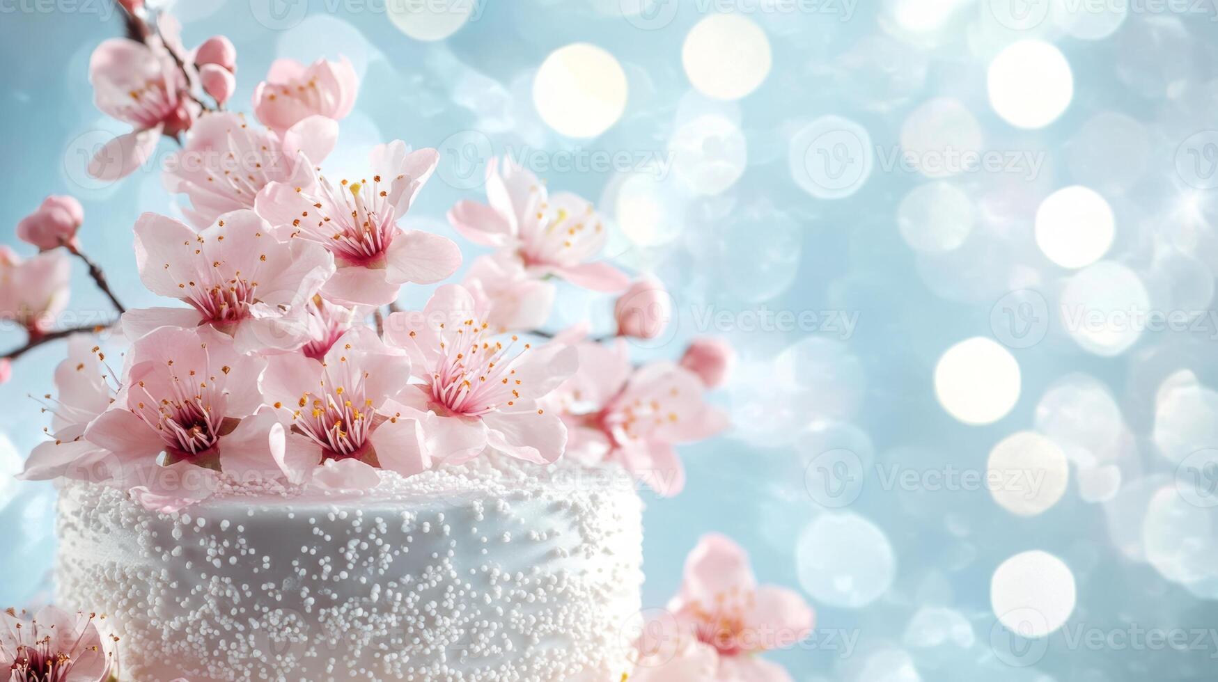 Delicate cherry blossom branches adorned with pink flowers over soft blue bokeh background create a dreamy and serene atmosphere photo