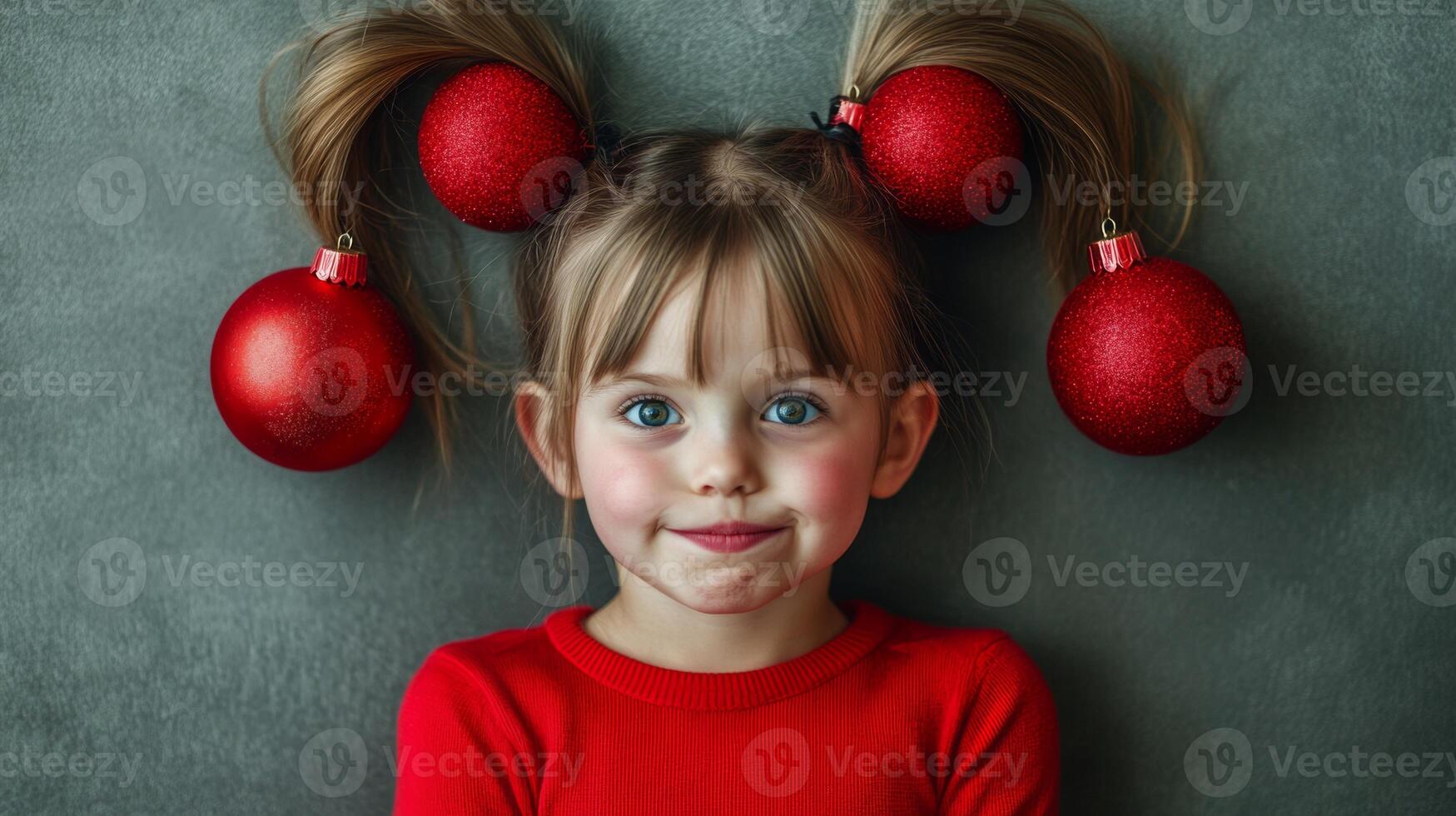 Child with pigtails decorated with red ornaments makes playful faces in a bright setting, capturing a moment of joy and creativity photo