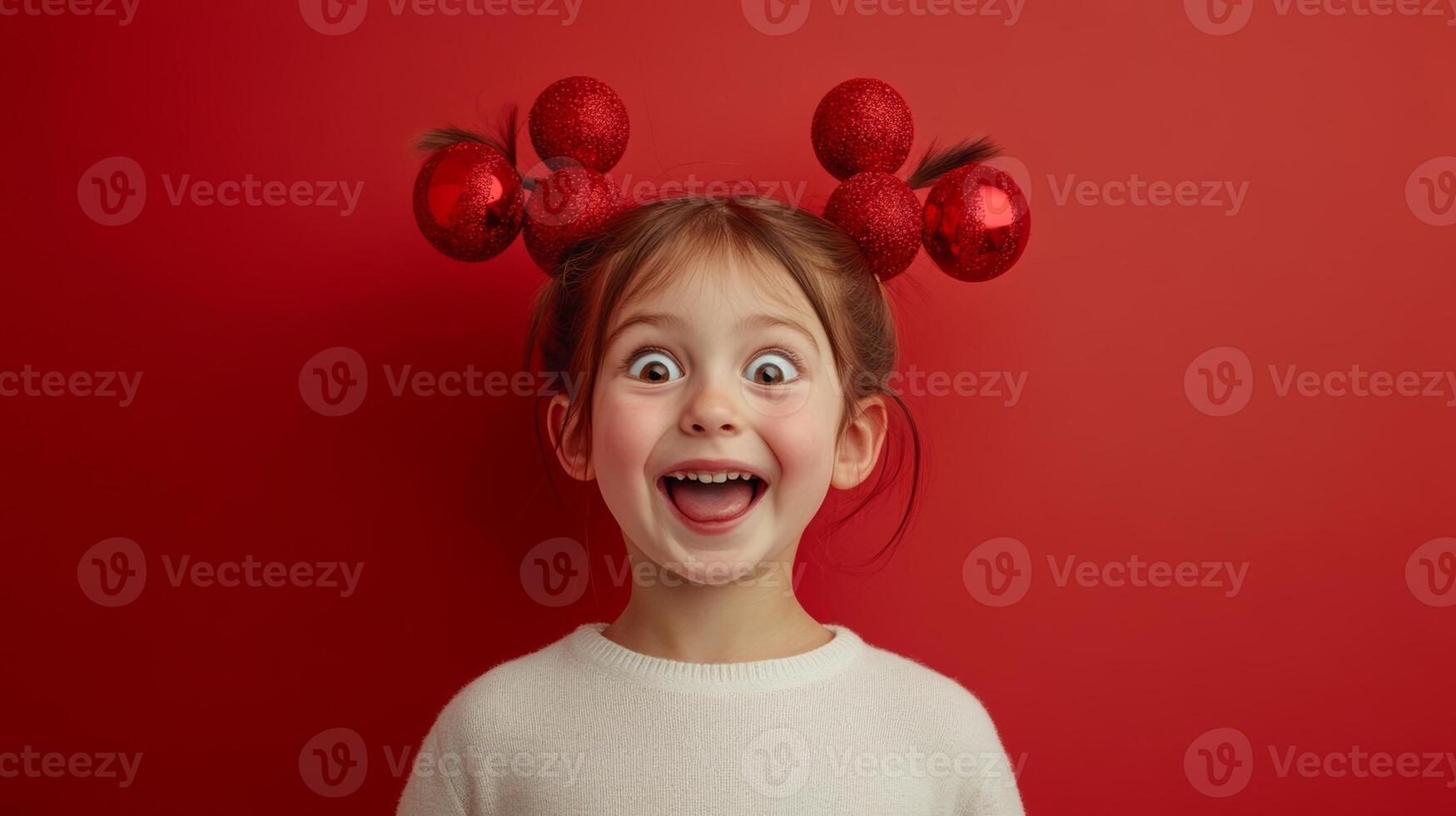 A child with pigtails decorated with red ornaments making funny faces against a bright red background full of joy and playfulness photo