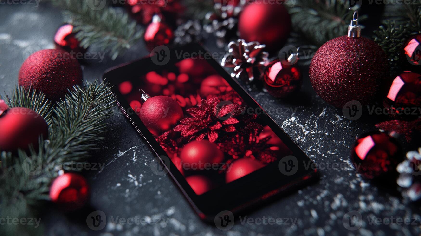 Festive Christmas greeting displayed on a smartphone surrounded by red decorations and holiday accents in a cozy winter setting photo