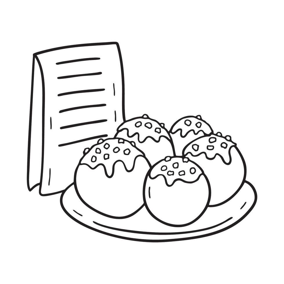 A takoyaki topped with bonito flakes near a menu board vector