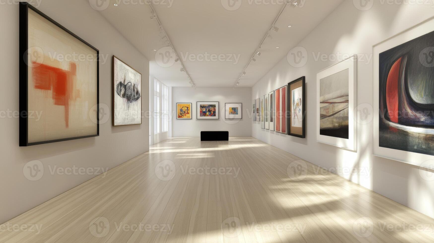 A bright and minimalistic contemporary art gallery featuring various framed artworks on crisp white walls photo