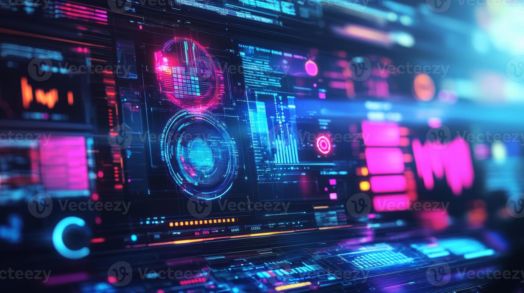 Futuristic creative workspace featuring dual monitors displaying data analytics and innovation in a tech-focused environment photo