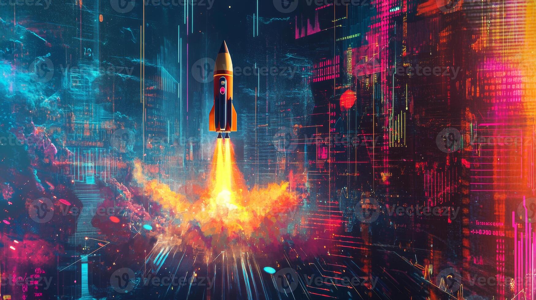 A vibrant rocket launches amidst futuristic data and graphs, symbolizing growth and progress in a digital landscape photo