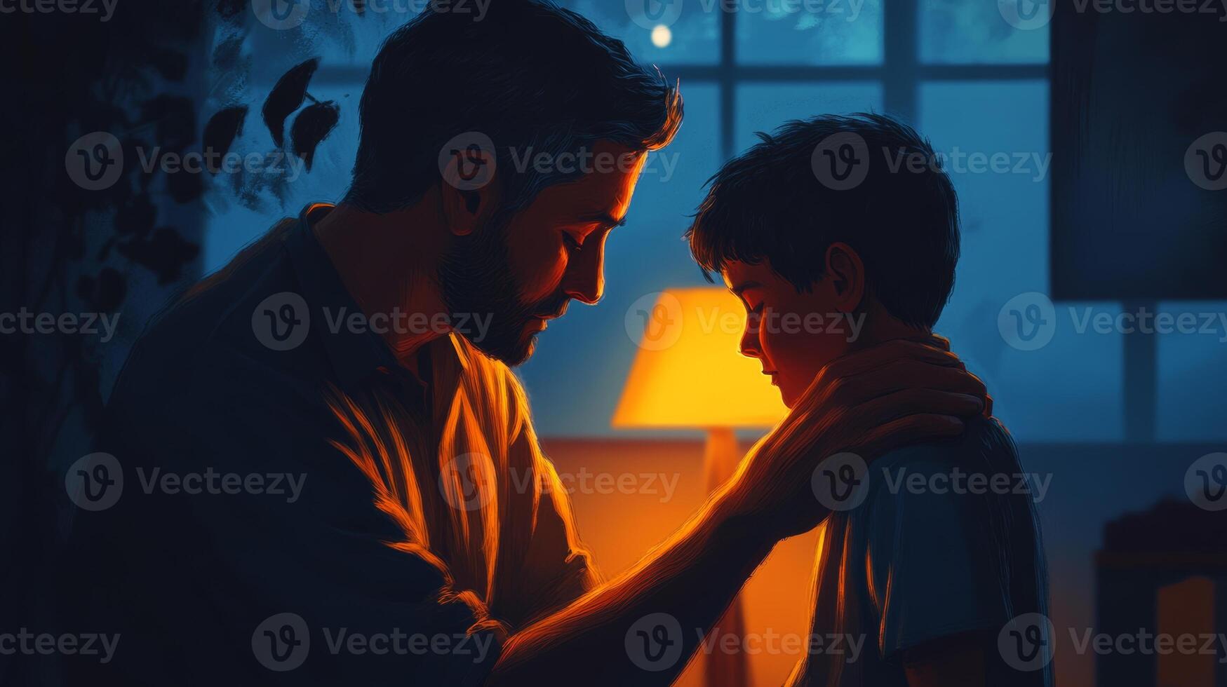 Father comforts his son in a warm, supportive atmosphere during an intimate evening at home, fostering a deep emotional connection photo
