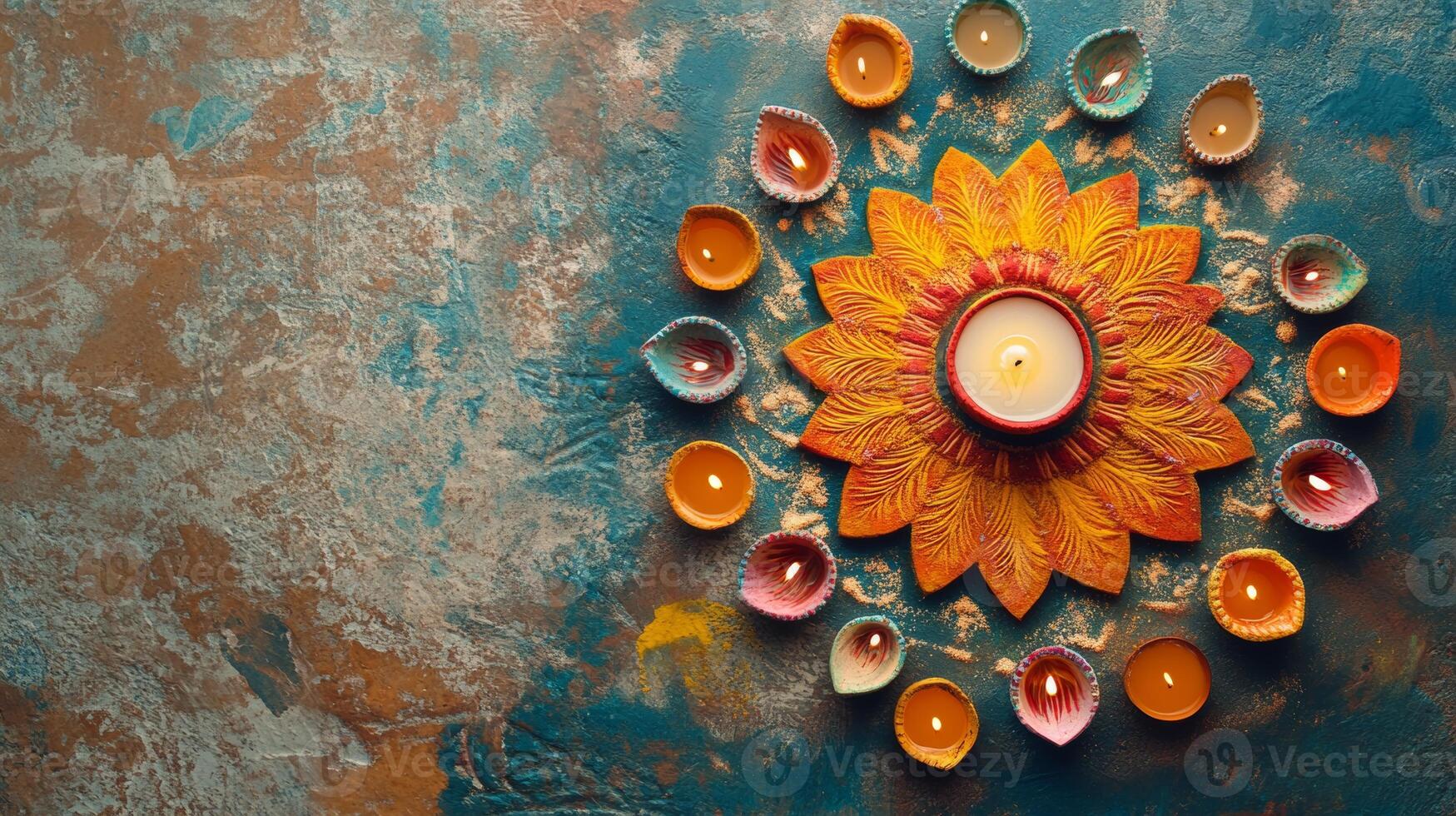 Vibrant Diwali rangoli design with colorful candles illuminating the festive atmosphere during the celebration photo