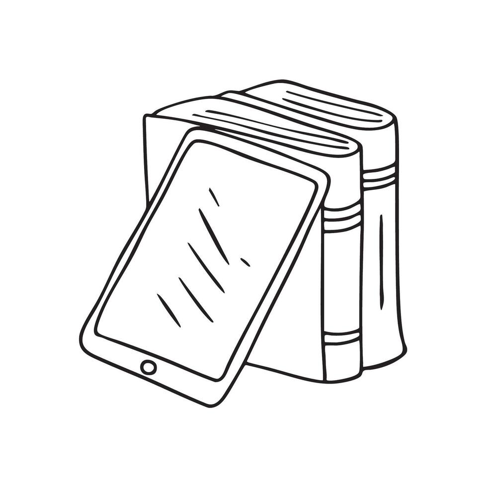 A tablet propped up by a book in a library corner vector