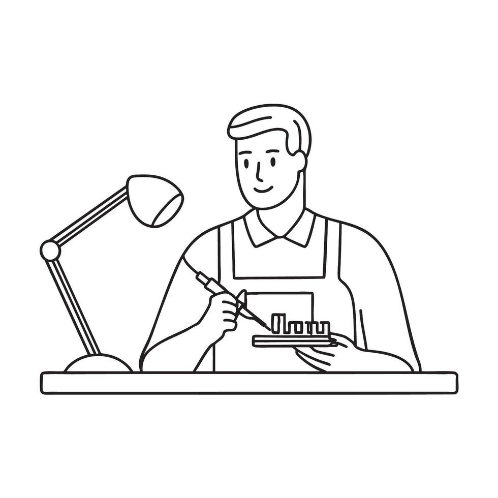 A male technician soldering components near a magnifying lamp vector