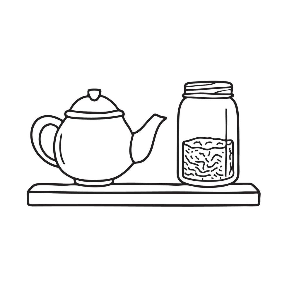 A teapot placed near a jar of tea leaves on a shelf vector