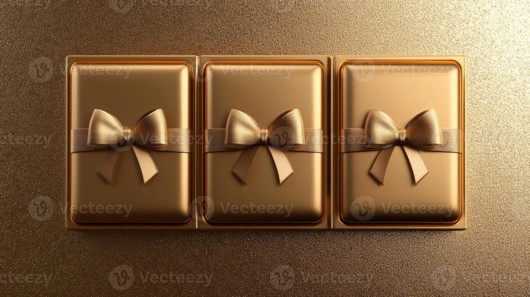 Luxurious gold gift boxes with ribbons arranged elegantly against a shiny golden background, perfect for celebrations and special occasions photo