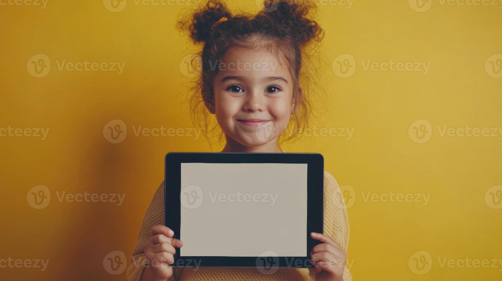 Cheerful girl holding a blank digital tablet against a simple yellow background expressing joy and creativity in an indoor setting photo