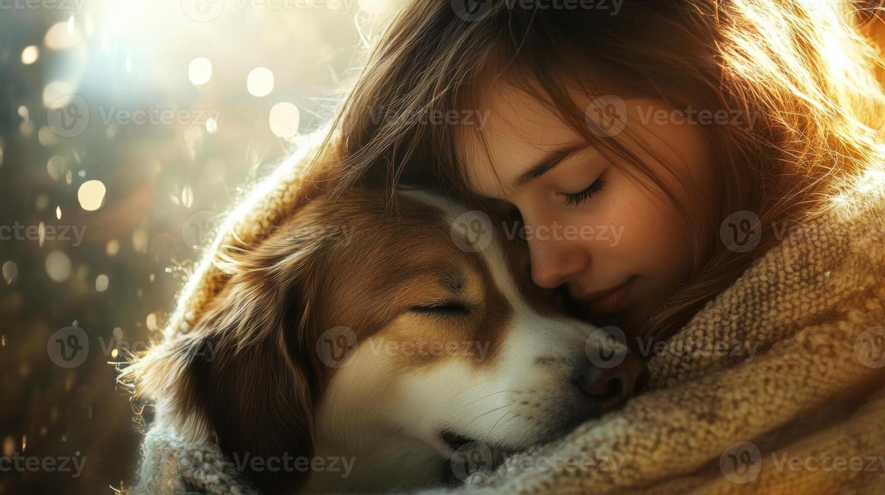 A girl warmly embraces her dog wrapped in a cozy blanket, enjoying bright sunlight on a tranquil day photo