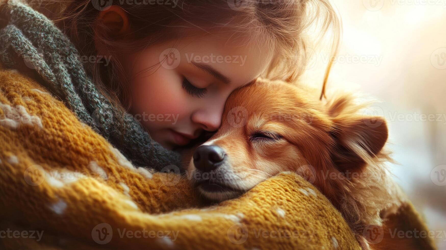 A cozy moment of a girl hugging her dog, wrapped in a warm blanket under bright lighting photo