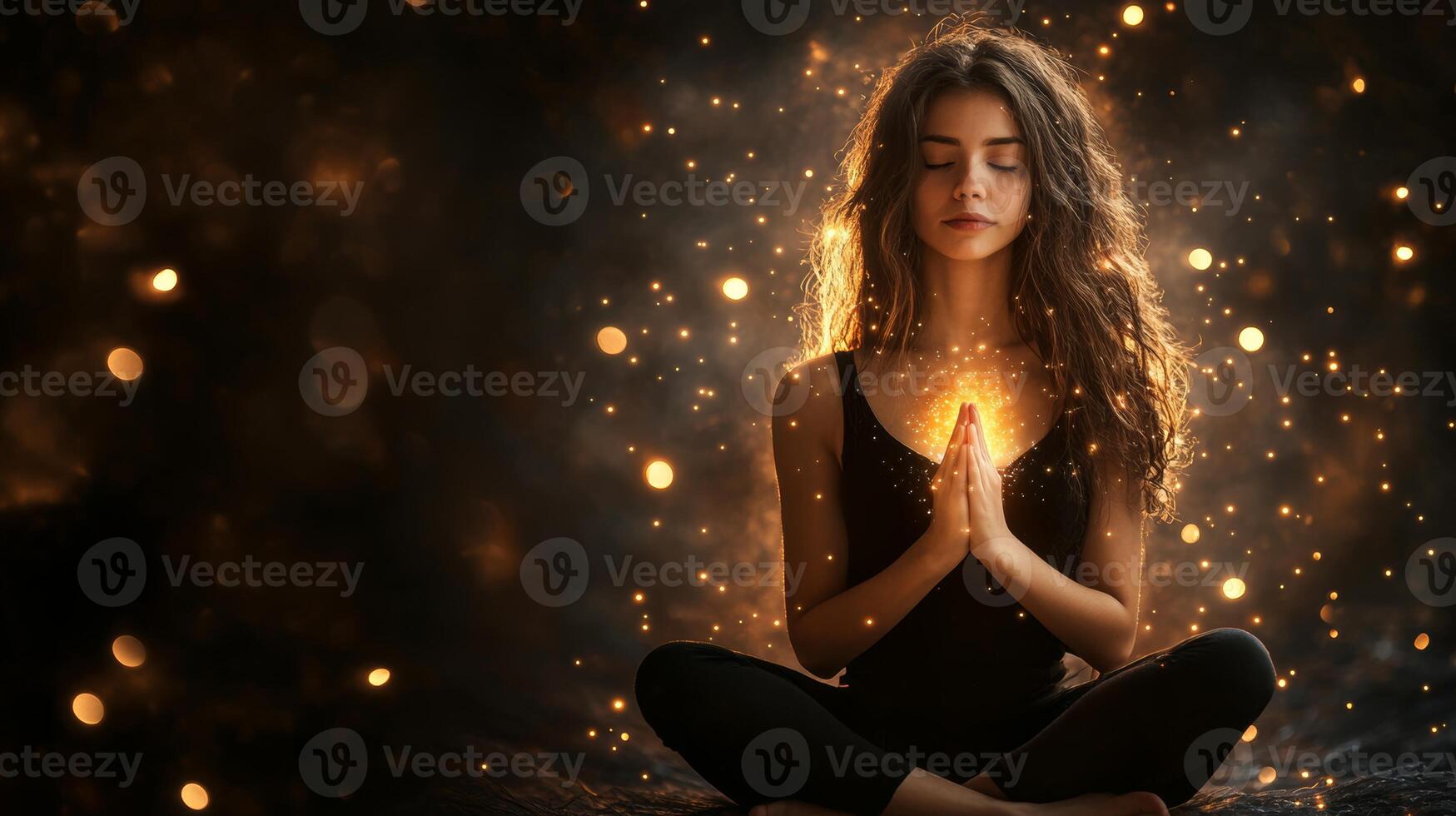 A girl meditates in a mystical setting with a glowing aura against a dark background filled with enchanting light effects photo