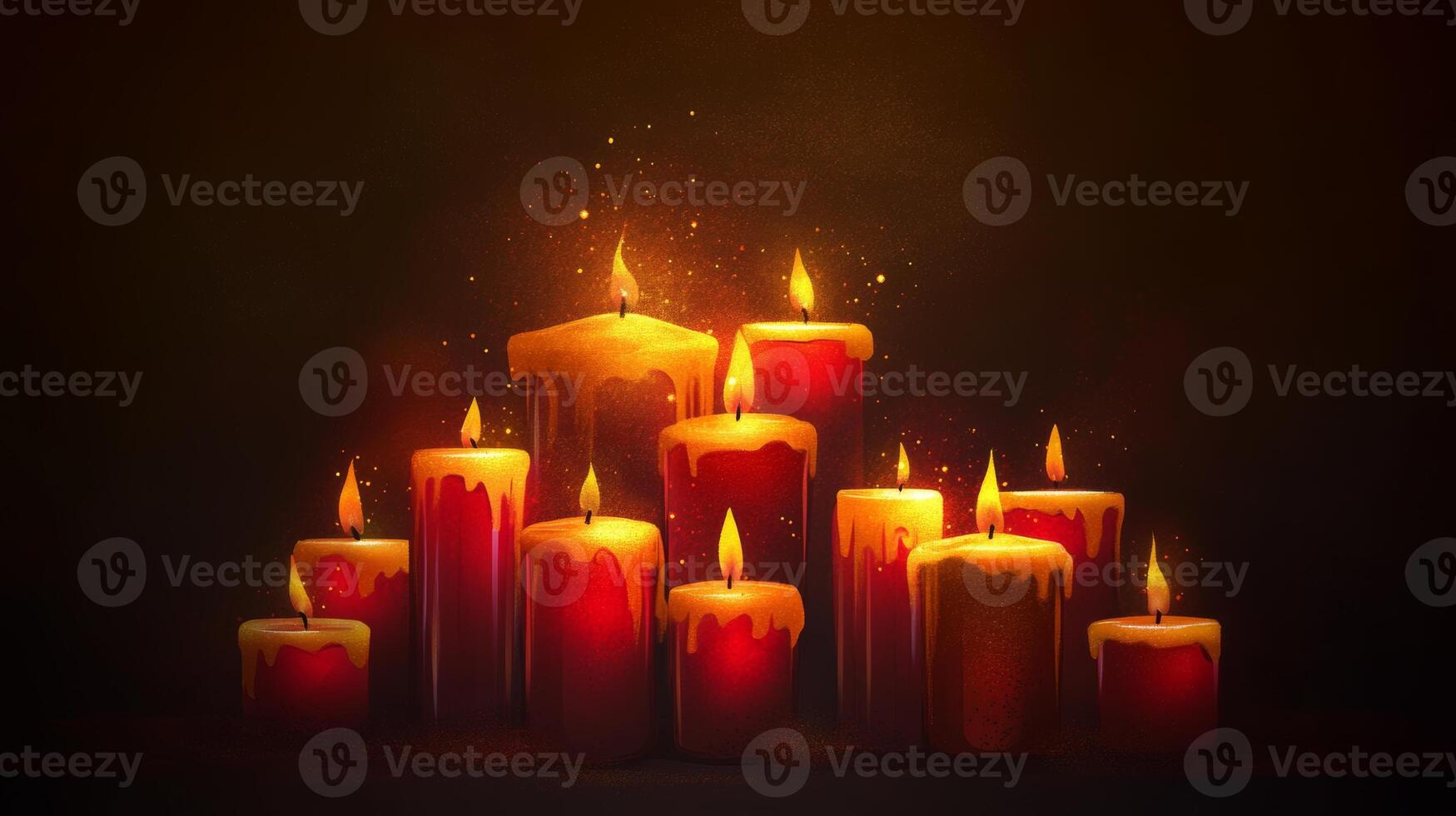 A festive arrangement of golden and red candles creating a warm glow against a dark background, perfect for holiday celebrations photo