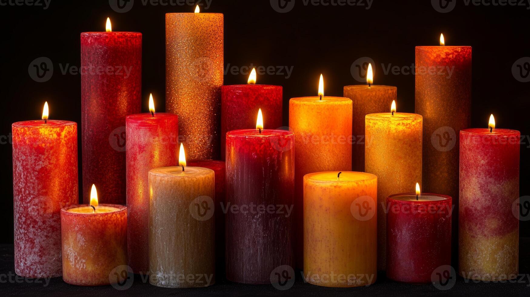 A festive arrangement of golden and red candles glowing warmly against a dark background, creating a cozy atmosphere for the holidays photo
