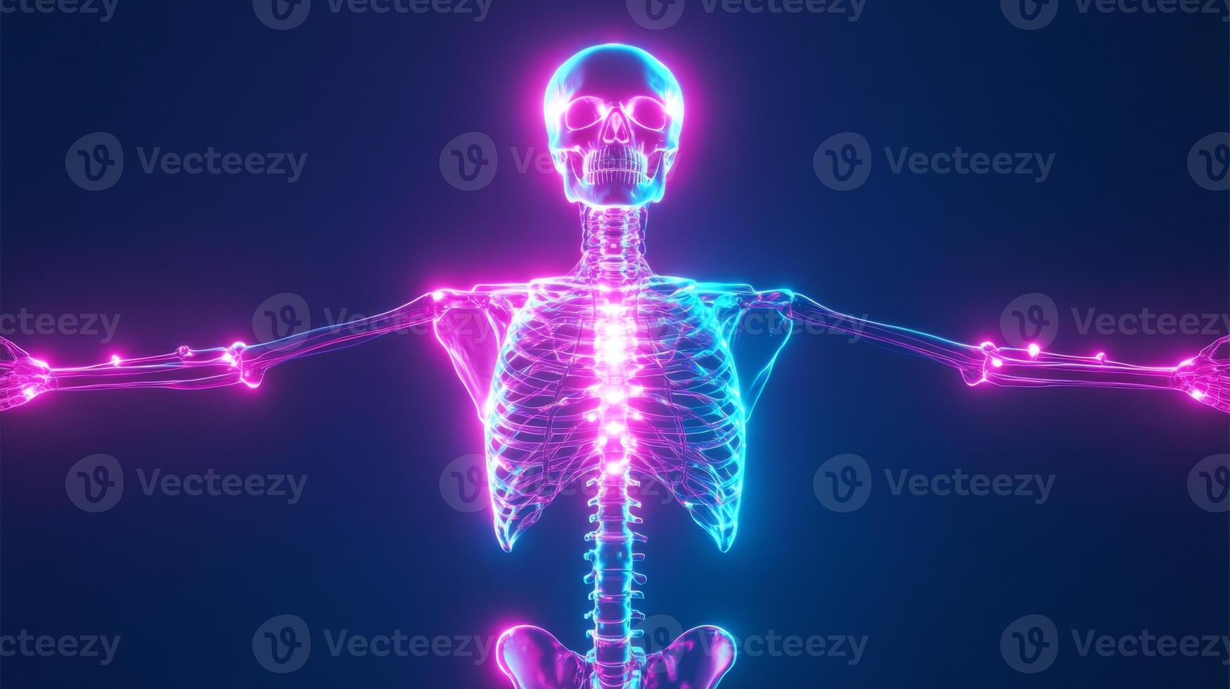 Futuristic medical illustration of a neon blue and pink human skeleton and nervous system showing energy flow through the body photo