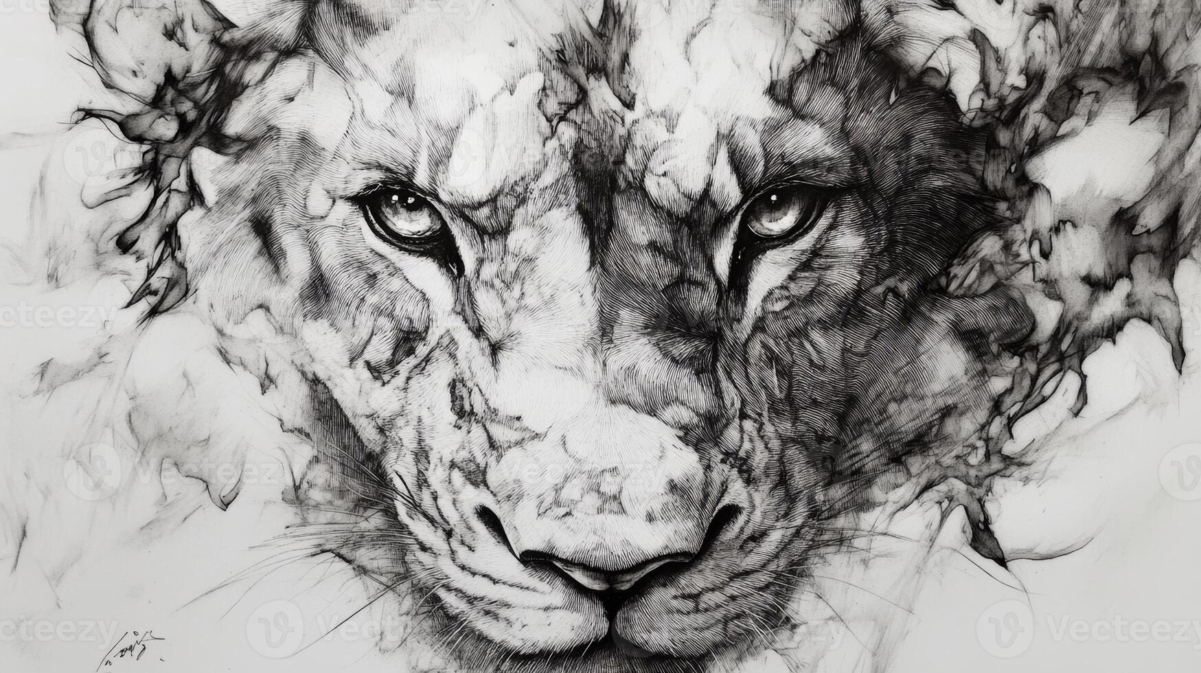 A striking monochromatic sketch showcasing the bold and intense face of a lion with intricate line art, emphasizing its fierce gaze photo
