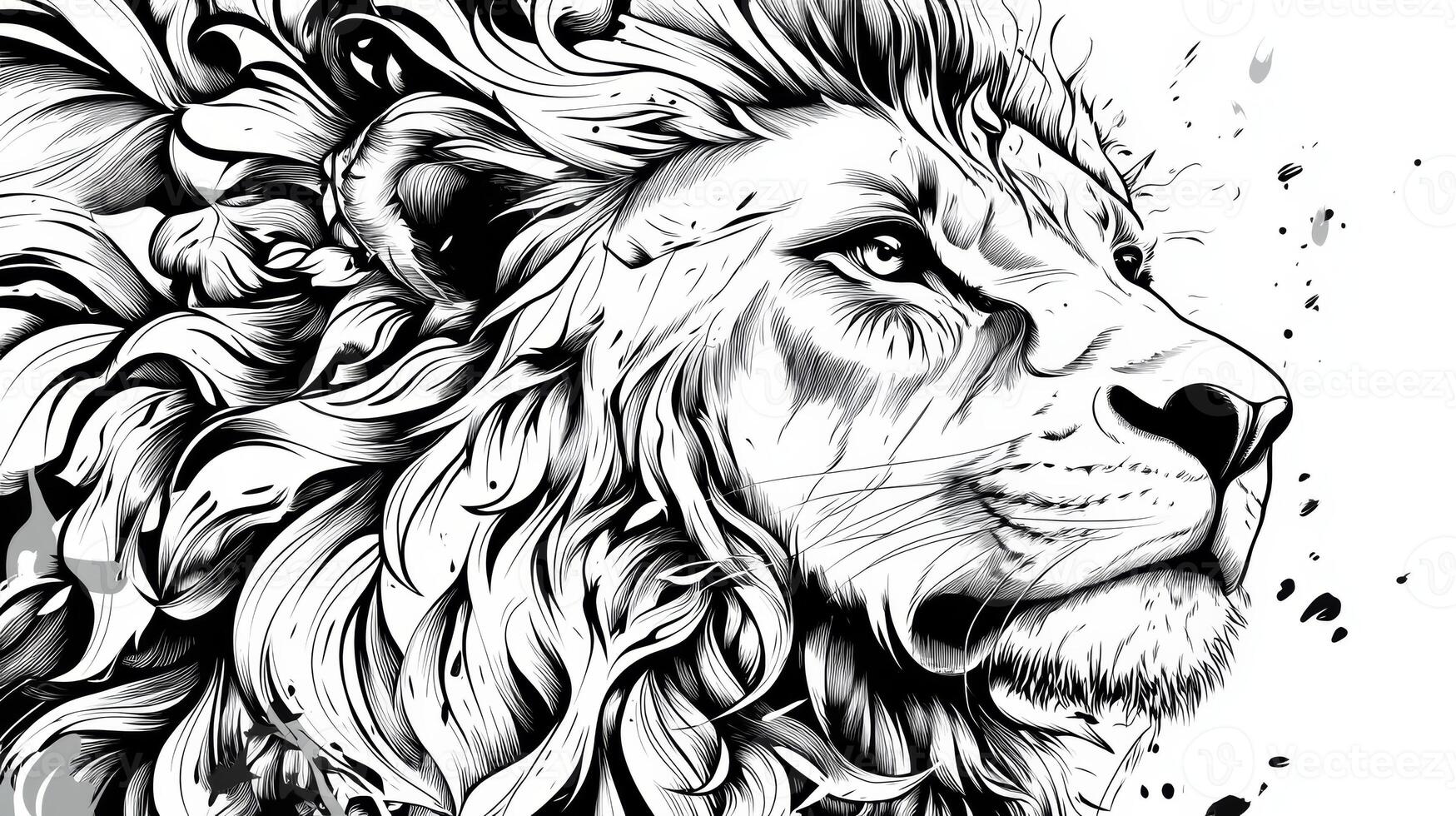 Intense monochromatic sketch of a lion's face showcasing detailed line art and bold expressions in black and white photo