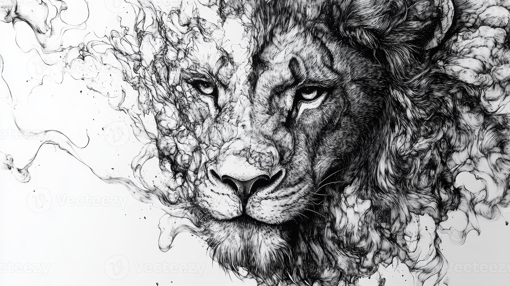 Intricate monochromatic sketch of a lion's face showcasing bold line art and intense expression in a striking black and white design photo