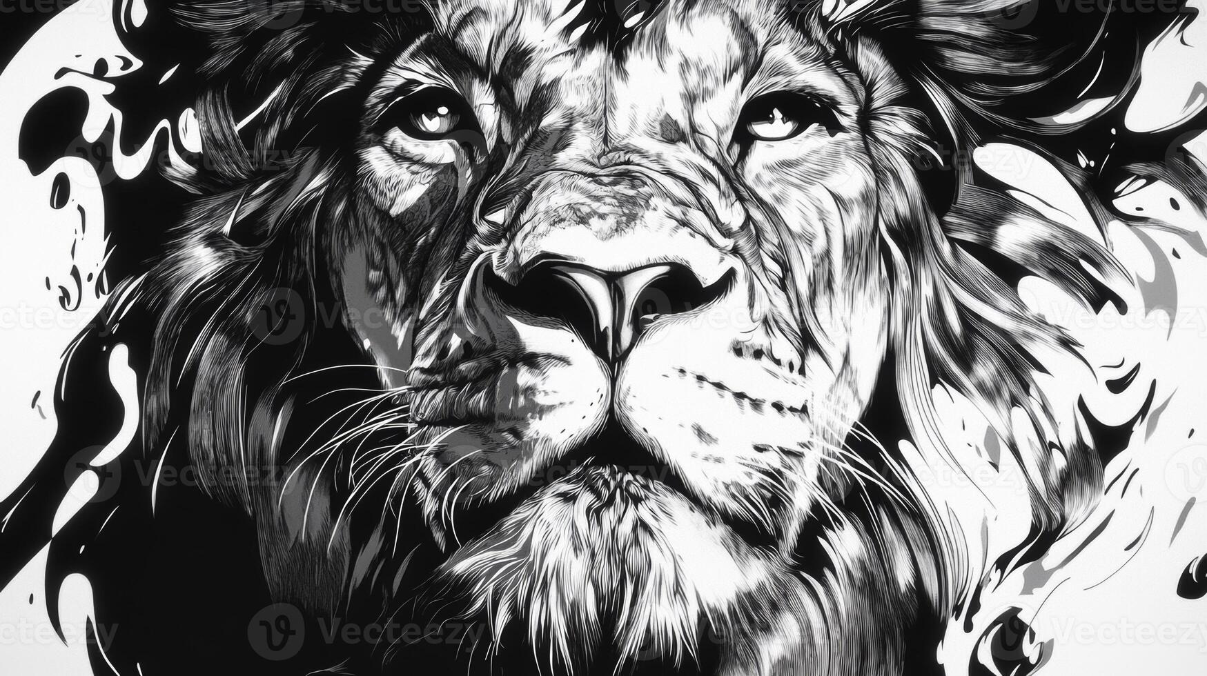 Intense monochromatic sketch of a lion's face showcasing detailed line art in bold black and white photo