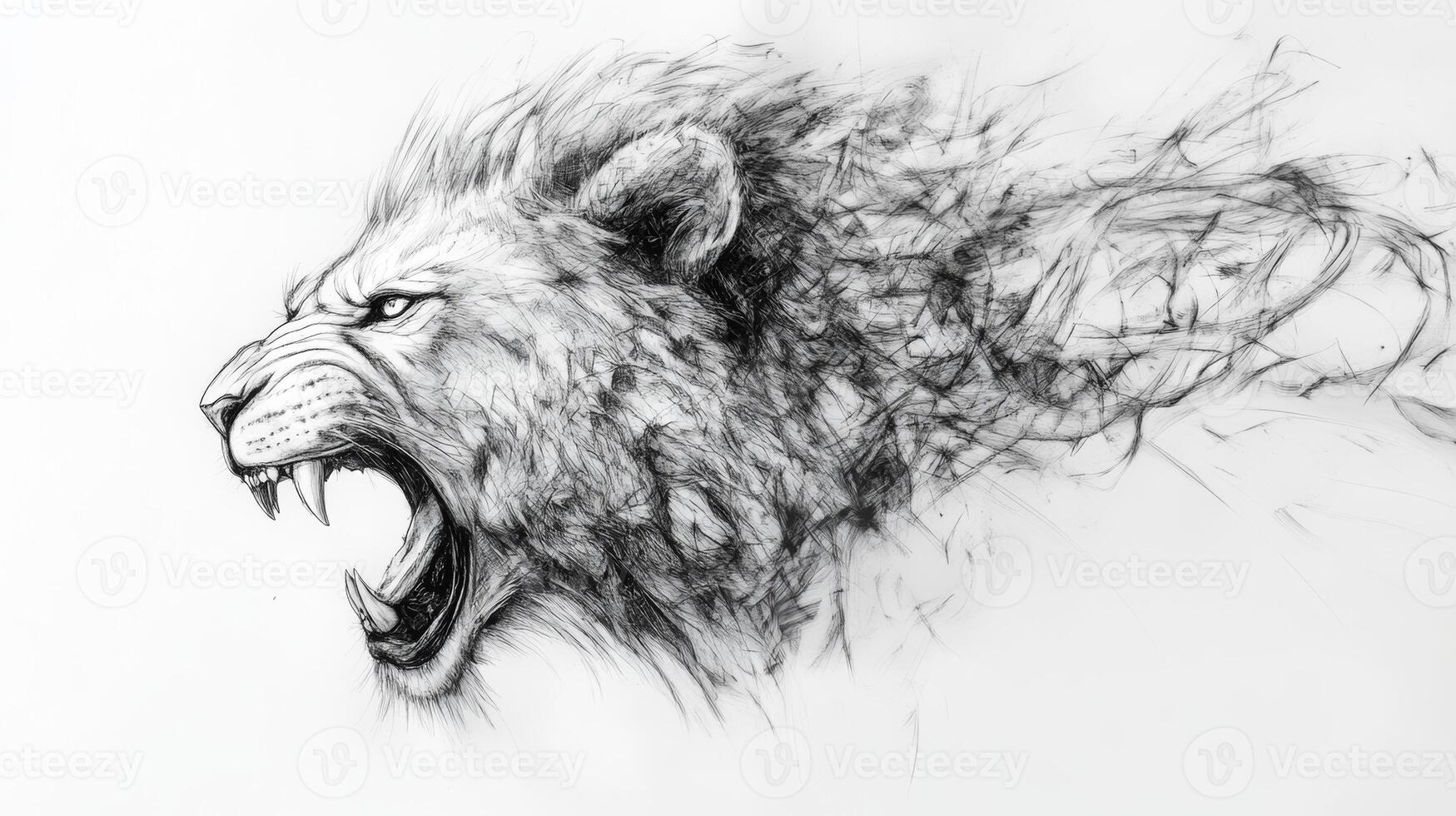 Intricate pencil sketch of a lion's head showcasing strong features and dynamic energy with captivating details photo