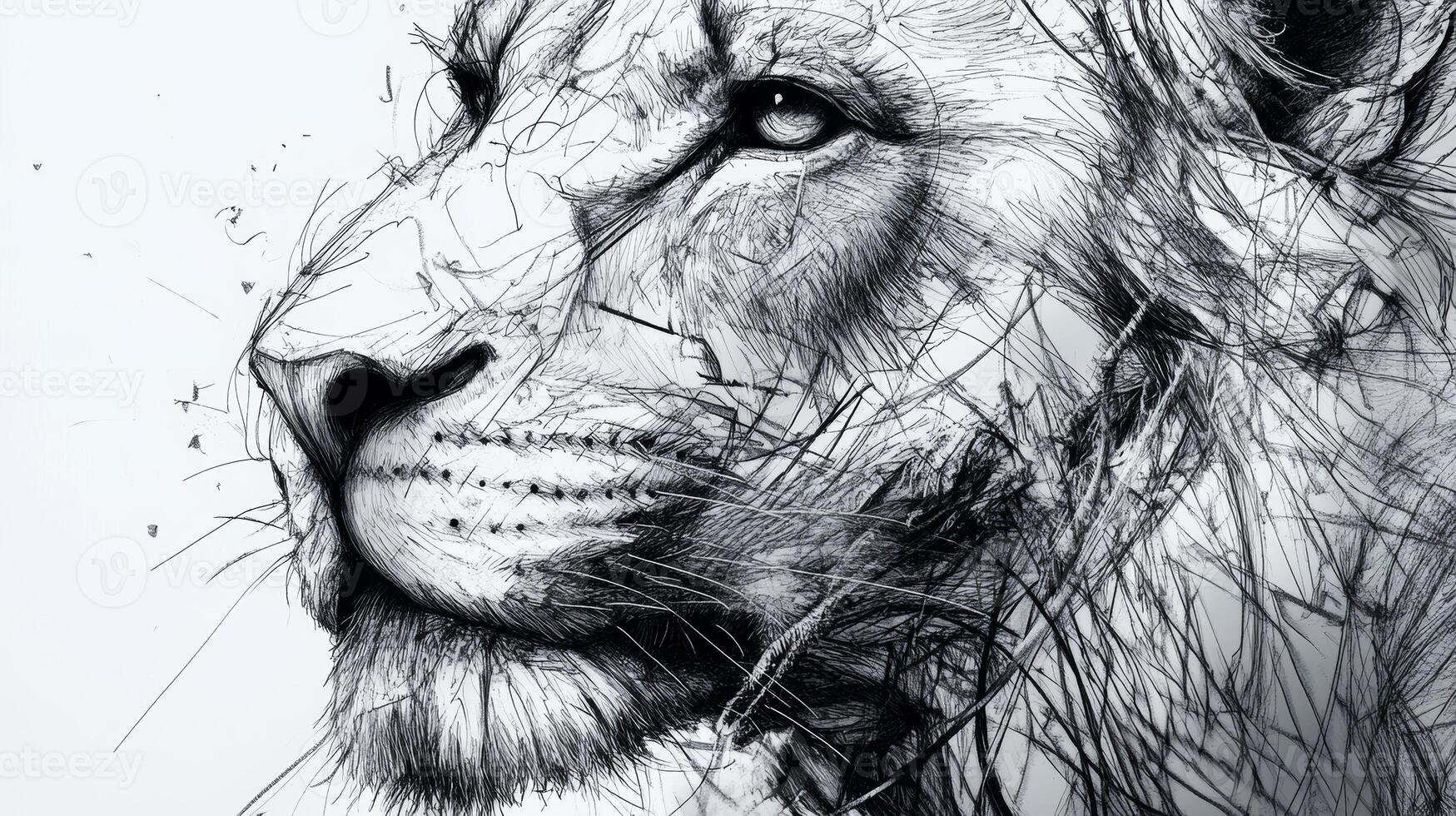 Detailed monochromatic sketch of a lion's face showcasing intricate line art in bold black and white photo