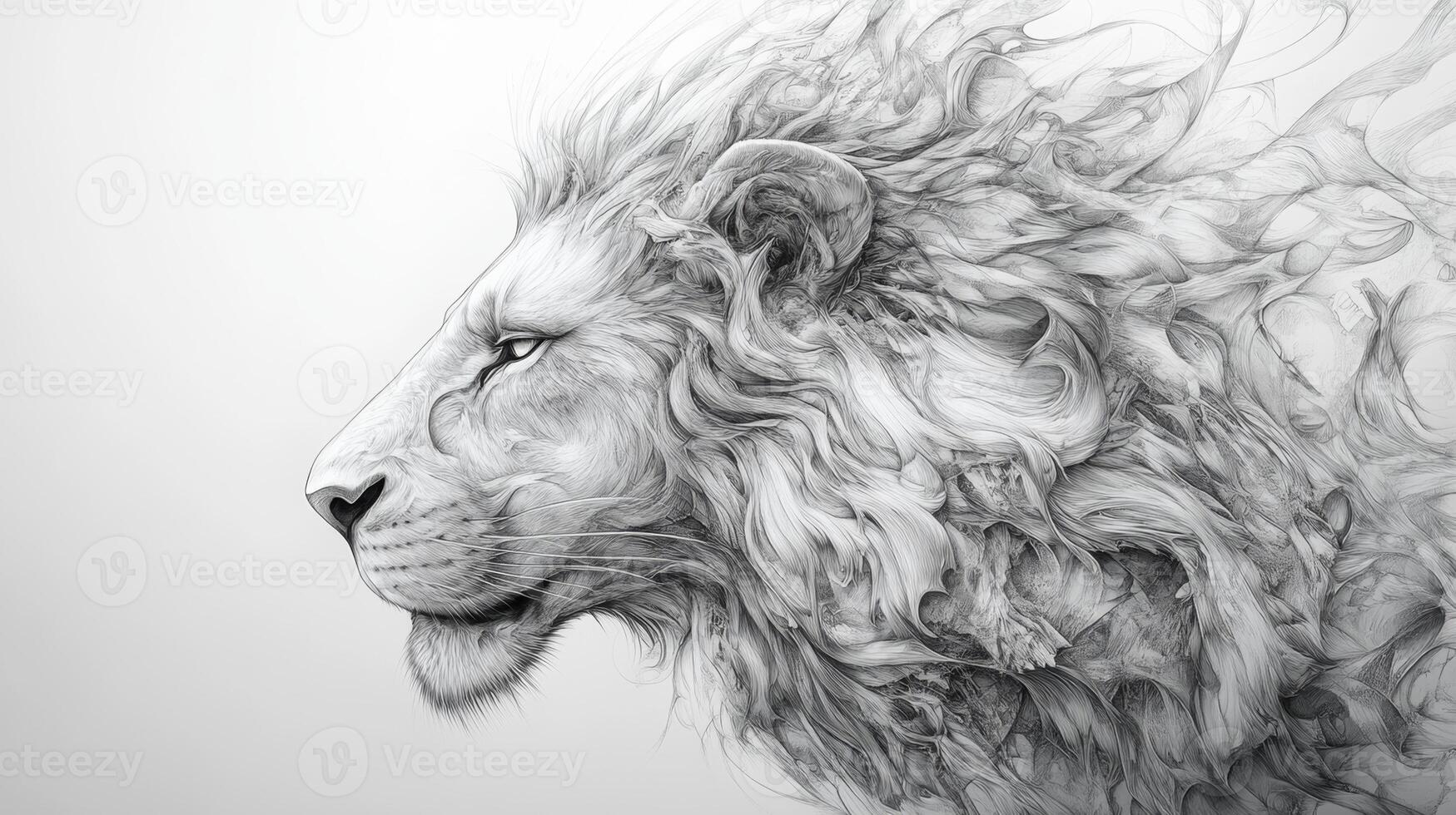 Detailed pencil sketch of a lion's head showcasing strength and majesty with intricate lines and textures against a neutral background photo