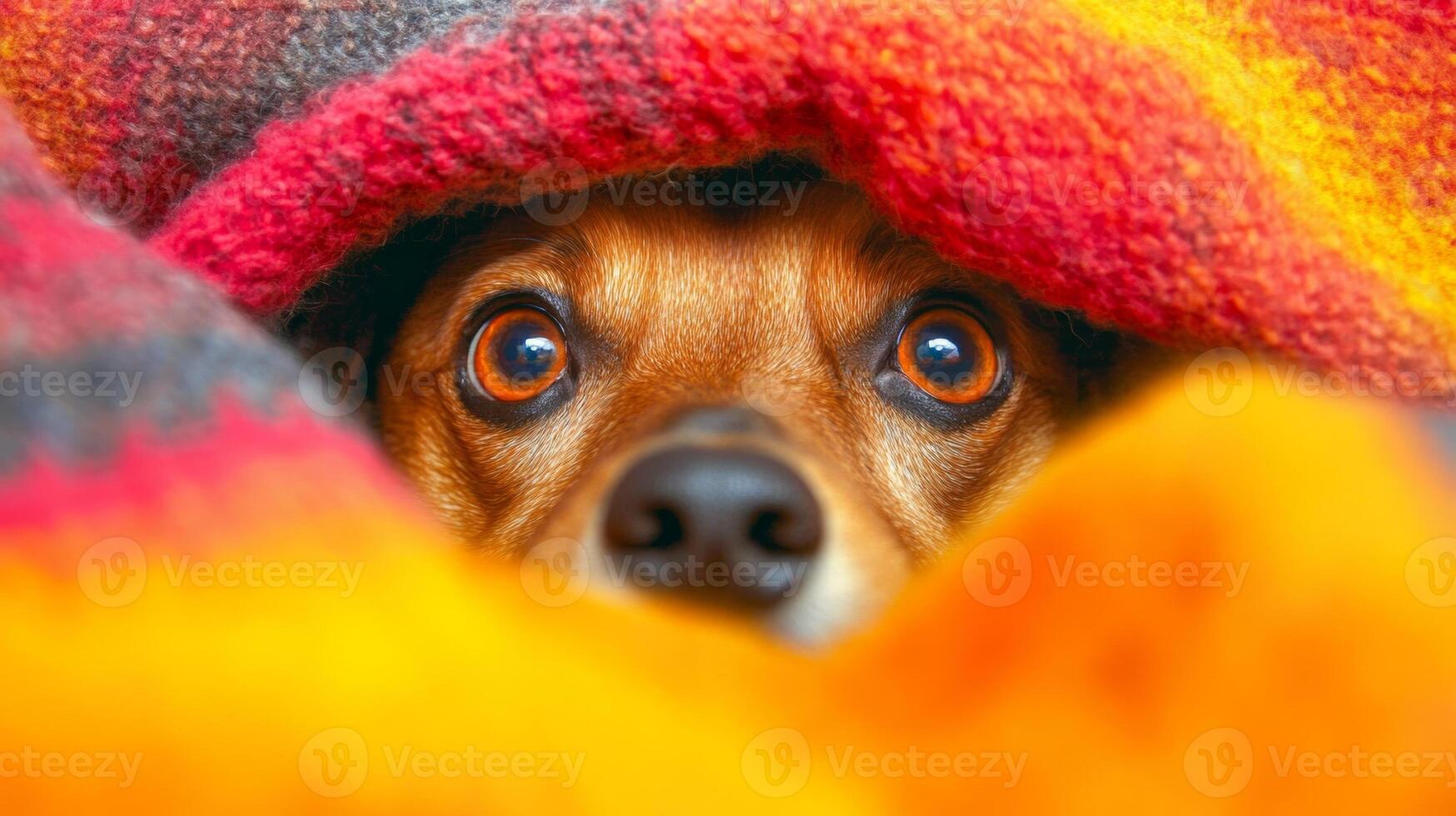 A curious dog peeks from behind a bright blanket, showcasing its playful personality and cozy surroundings in a warm indoor setting photo