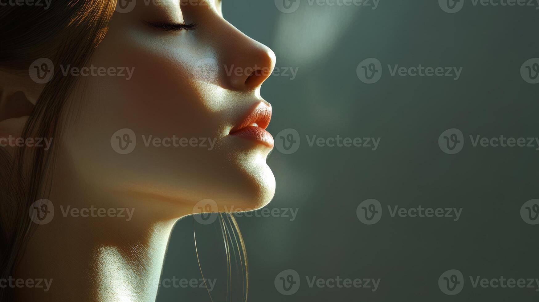 Elegant woman with perfect skin and serene expression in soft lighting, creating a calming atmosphere photo