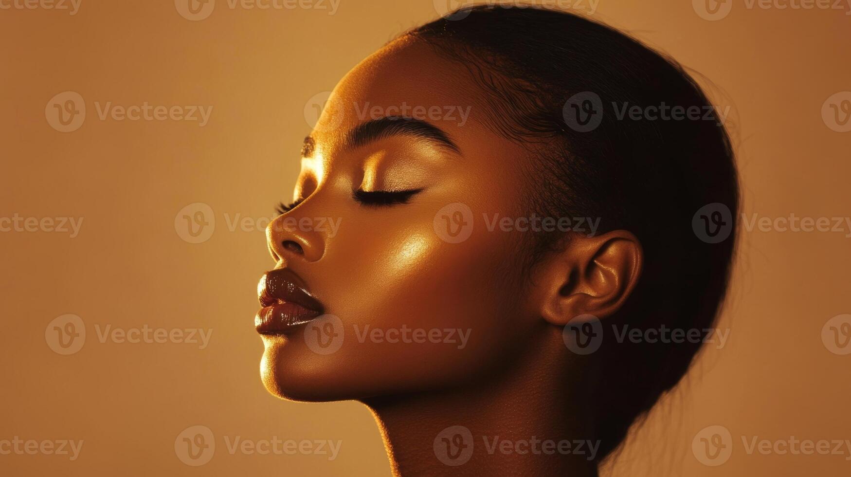 A serene profile of a woman with flawless skin and elegant makeup illuminated by soft lighting in a calming atmosphere photo