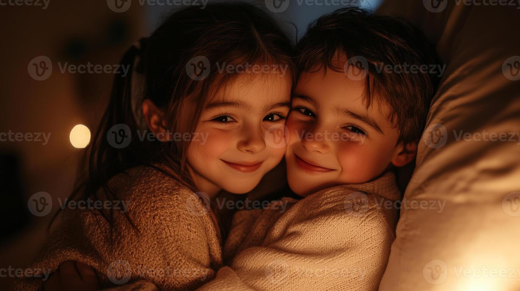 Siblings enjoy a warm and happy moment together, hugging and smiling in soft lighting during a cozy evening at home photo