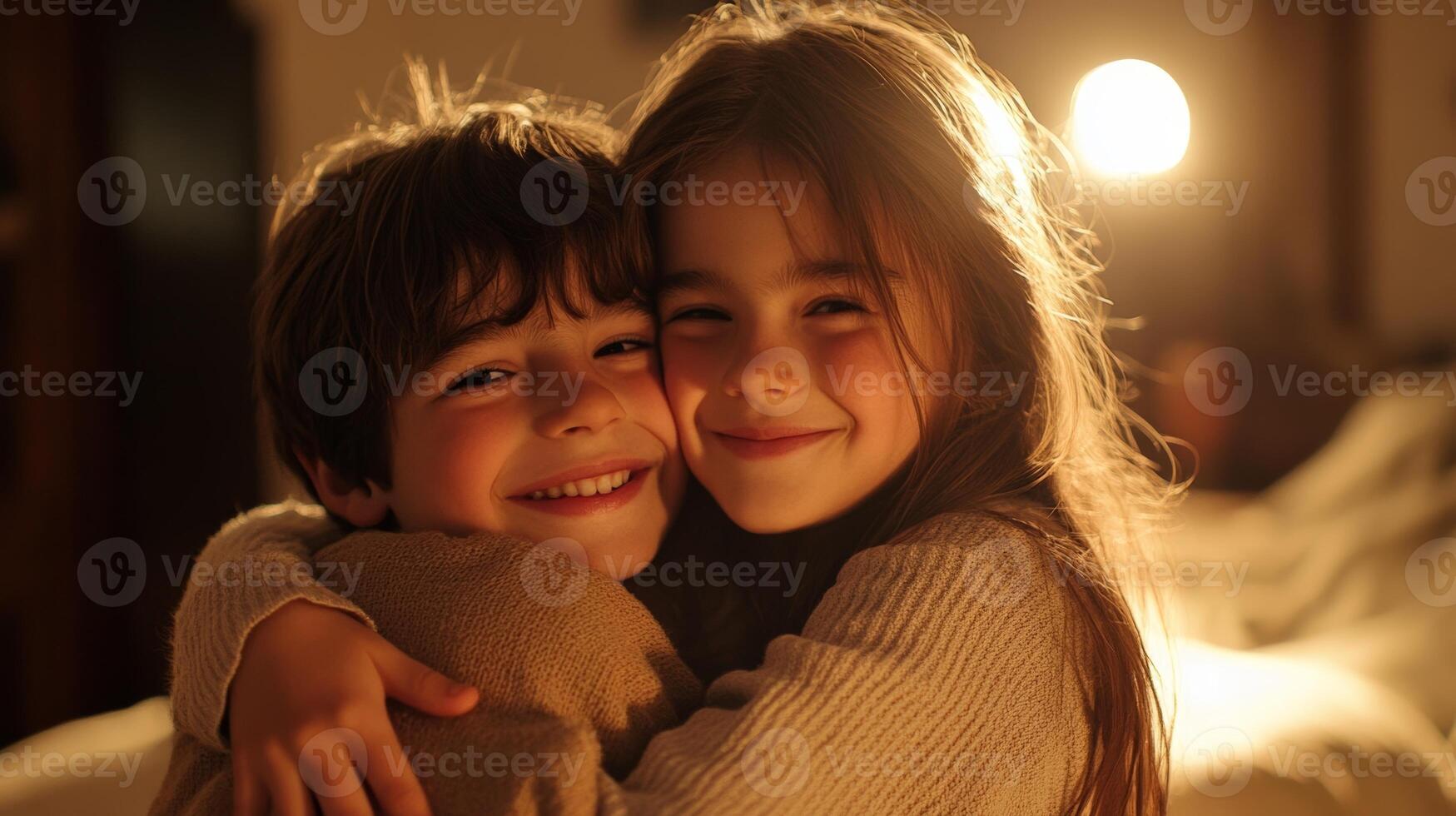 Siblings share a joyful hug in a cozy setting, capturing a warm family moment in soft lighting during a quiet evening at home photo