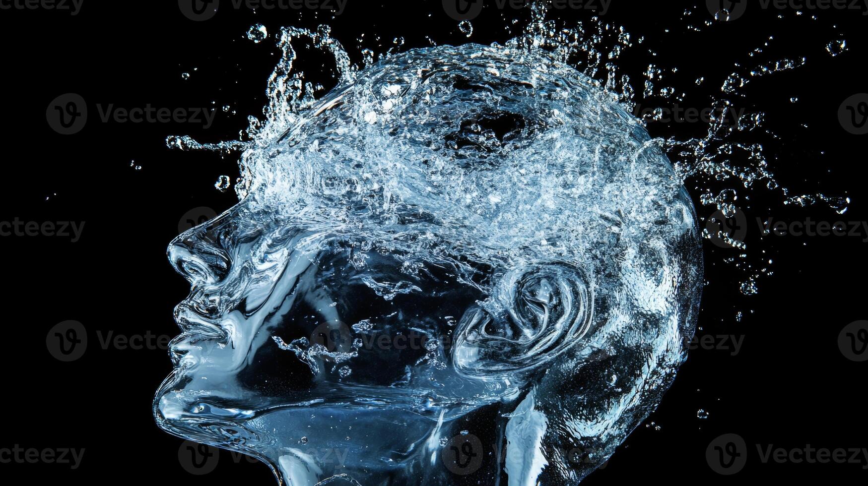 Surreal depiction of a transparent human head filled with splashing water, showcasing fluidity and abstraction in a creative digital artwork photo