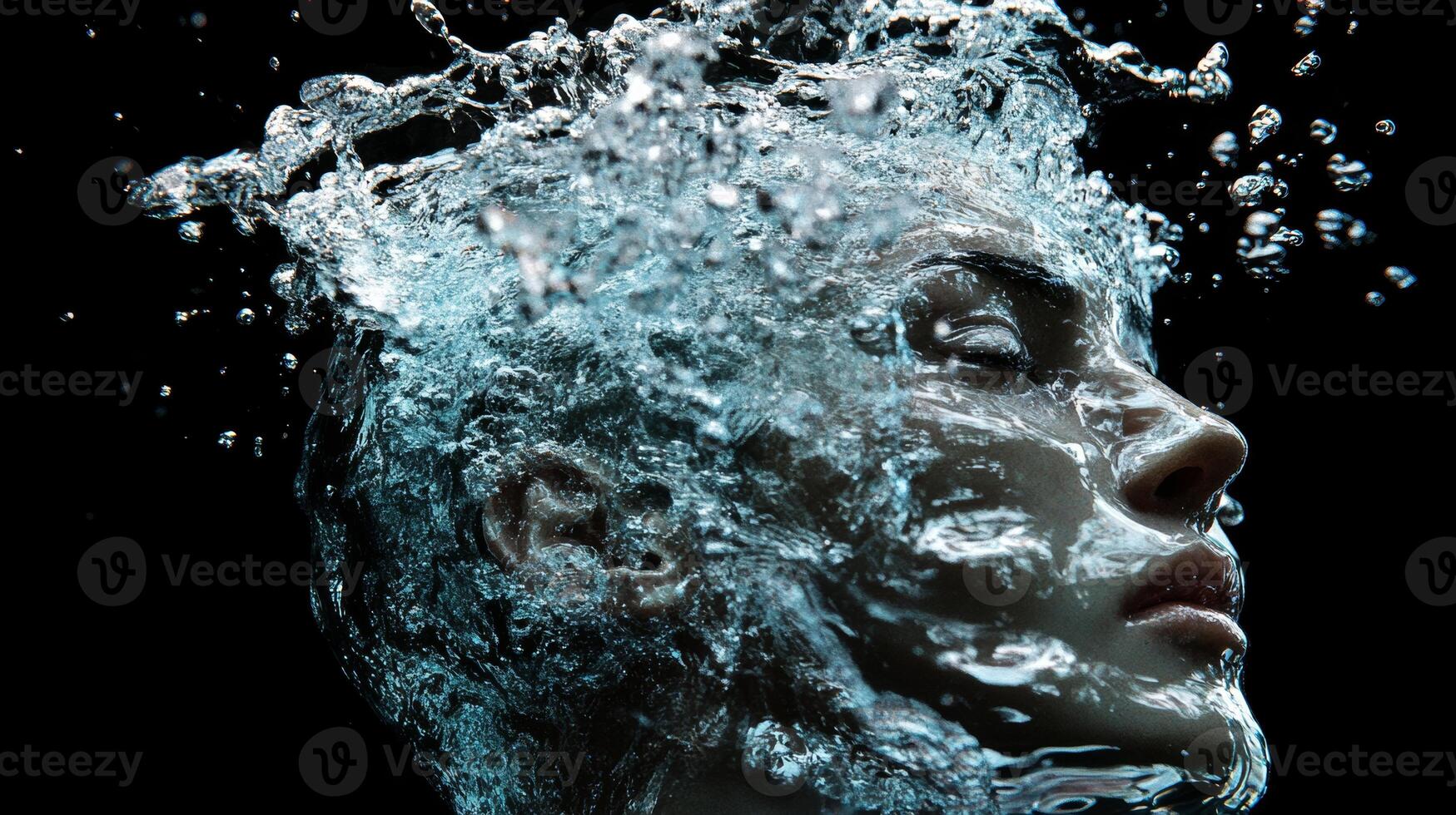 A surreal exploration of a transparent human head filled with splashing water, merging reality with abstract art in an ethereal moment photo