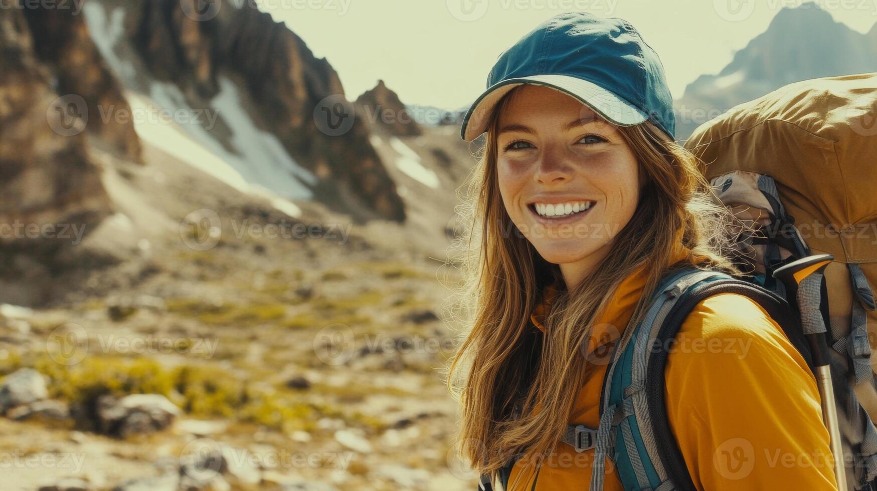 Woman in hiking gear smiles joyfully in a sunlit mountain landscape, showcasing her love for adventure and the great outdoors photo