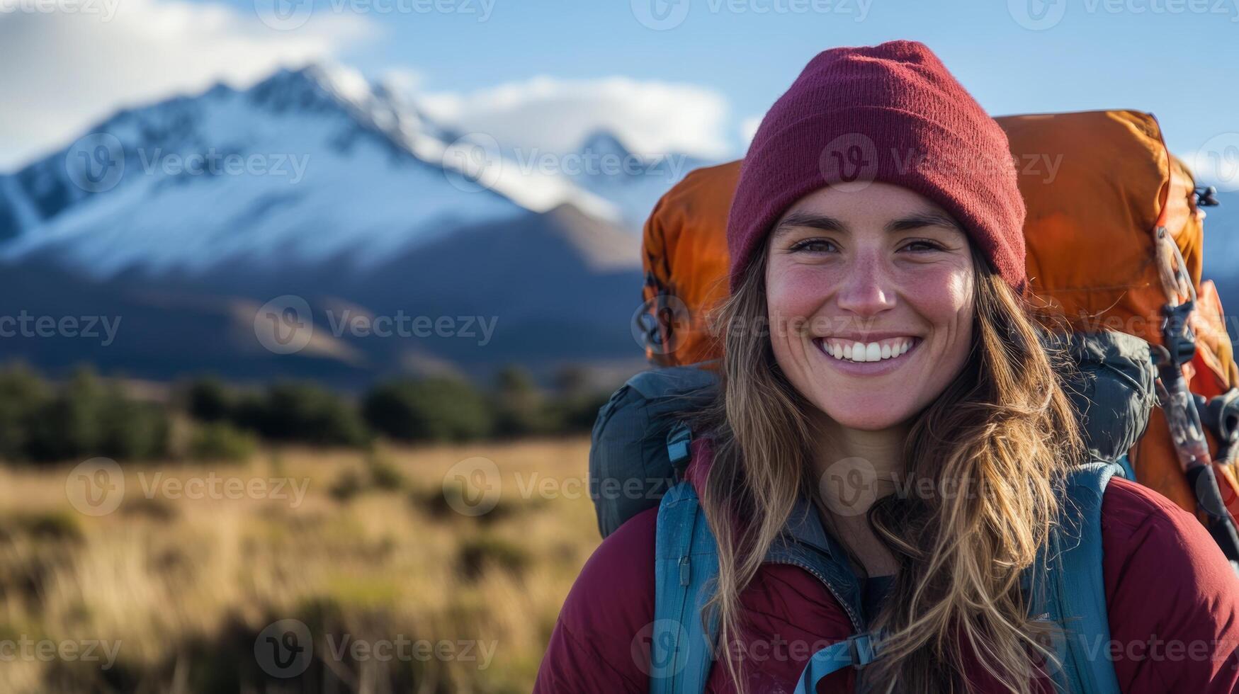 Smiling woman in hiking gear enjoys a sunny mountain adventure in a breathtaking natural landscape photo