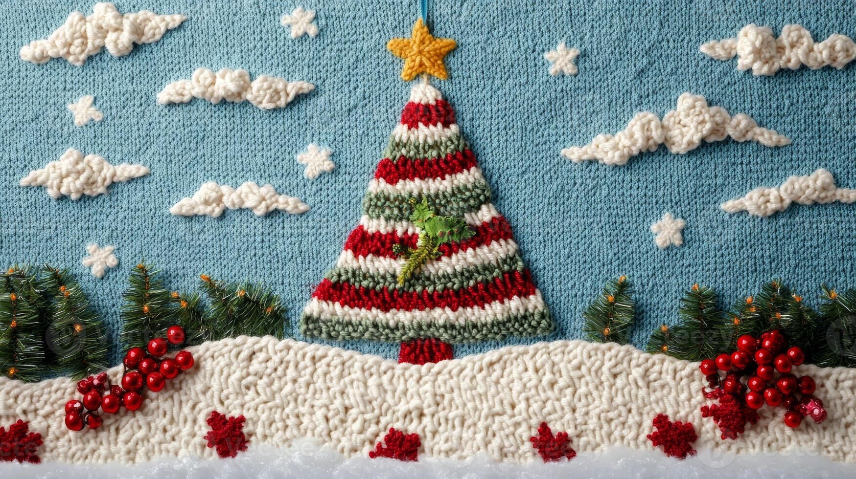 A cozy knitted Christmas card featuring a decorated tree and a serene winter landscape background photo