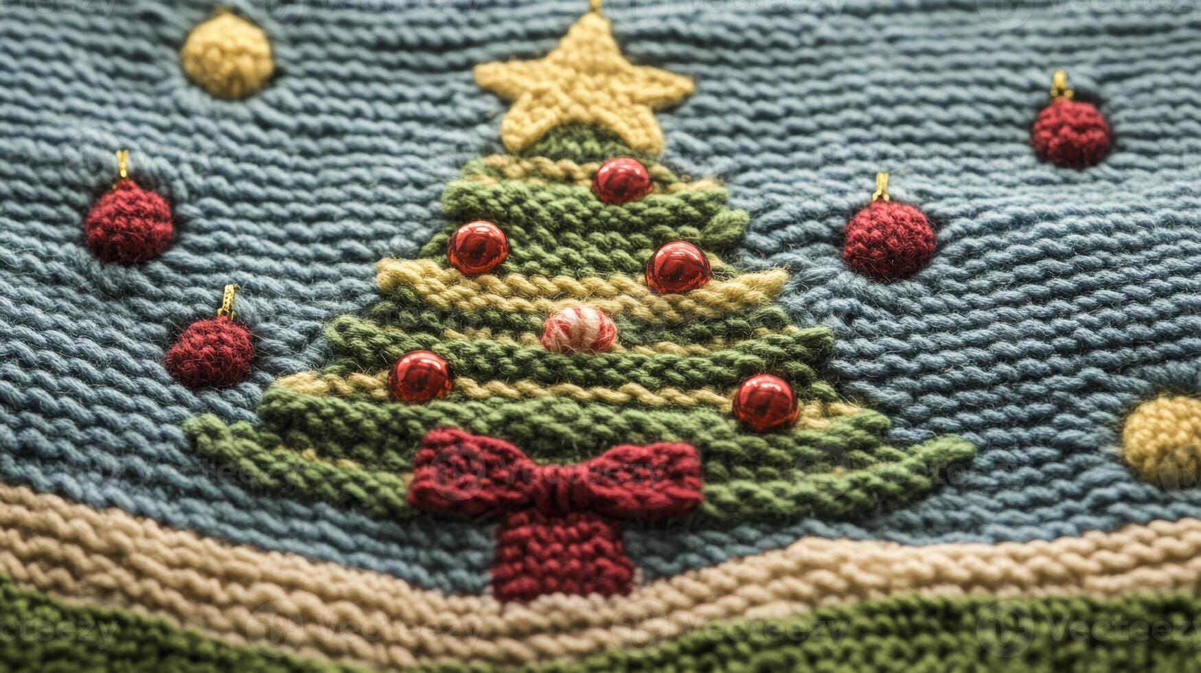 Handmade Christmas card featuring a knitted tree against a scenic backdrop for festive celebrations photo