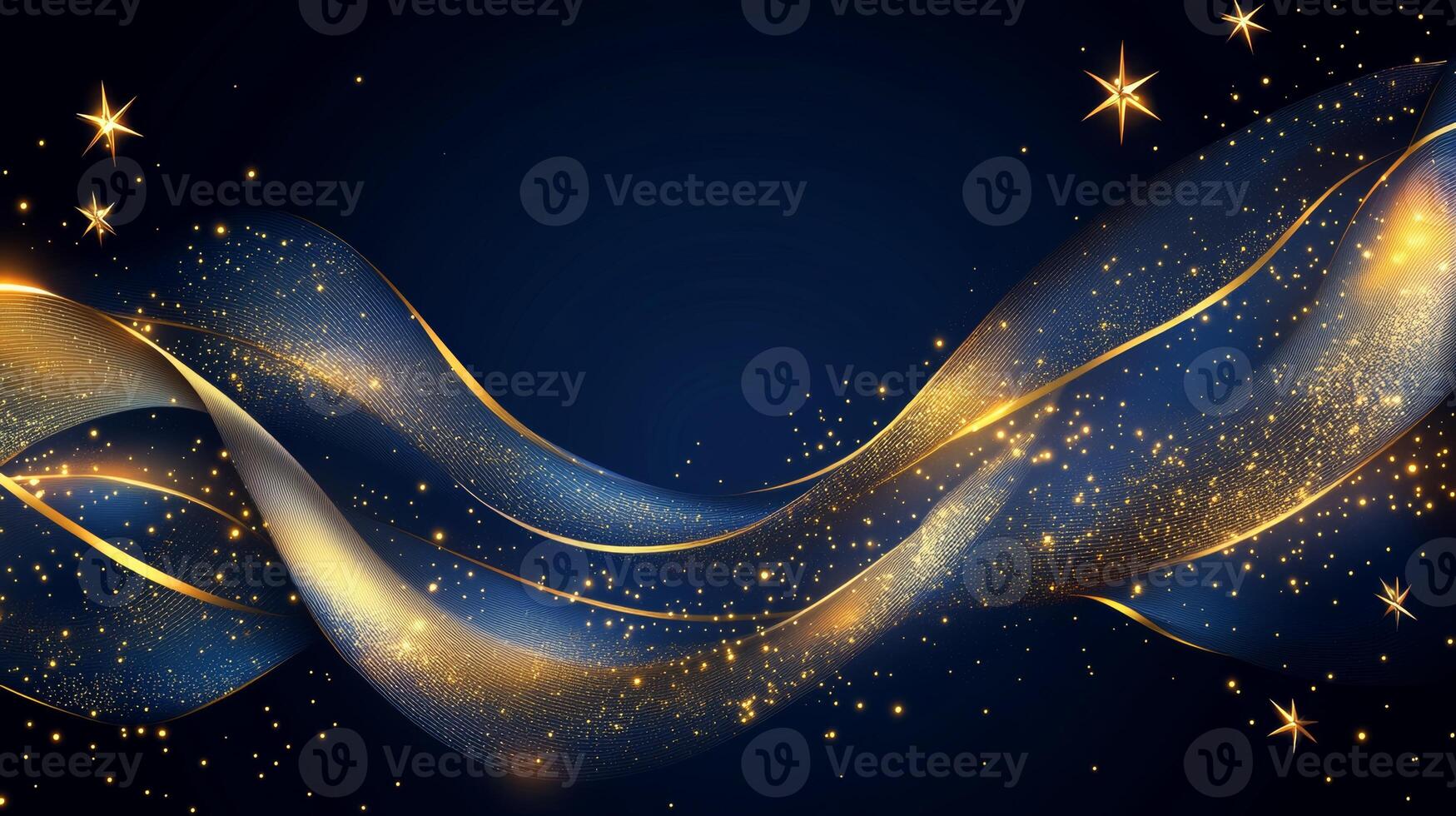 Elegant navy blue background adorned with festive gold sparkling elements and stars for a celebratory atmosphere photo