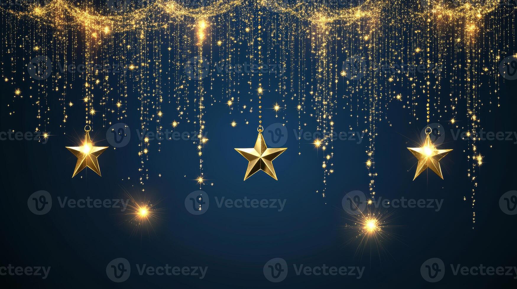 Glistening gold stars cascading over an elegant navy blue background create a festive atmosphere perfect for celebrations photo
