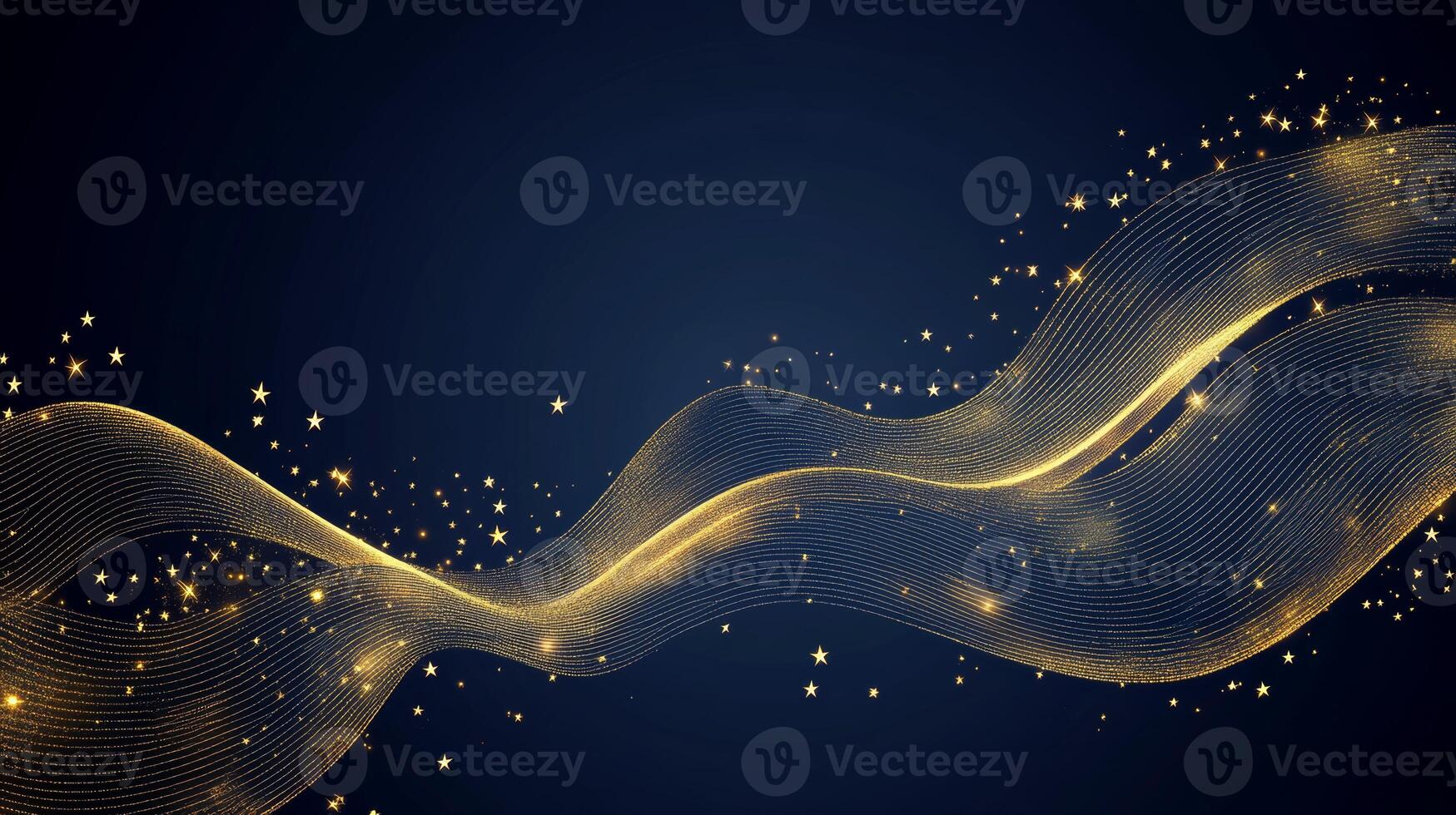 Festive gold sparking waves and stars create an elegant atmosphere on a deep navy blue background for celebrations photo