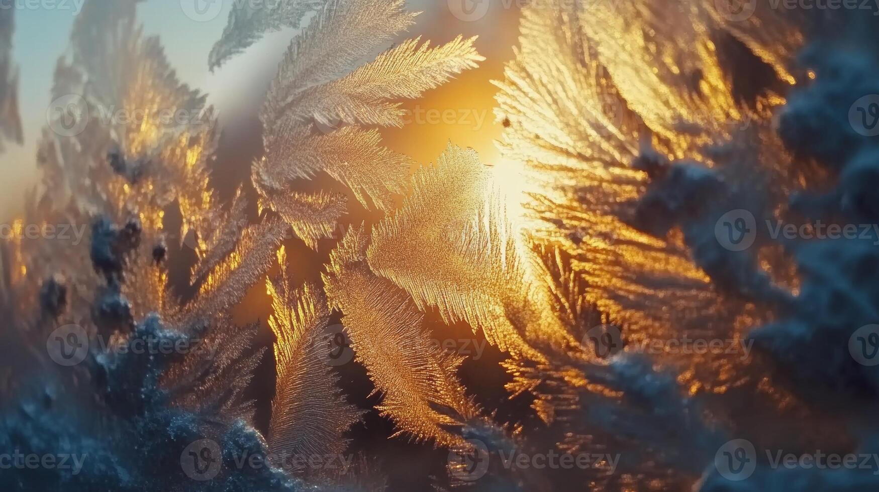 Frost forms intricate patterns on a winter window as sunlight filters through, creating a stunning display of nature's artistry photo