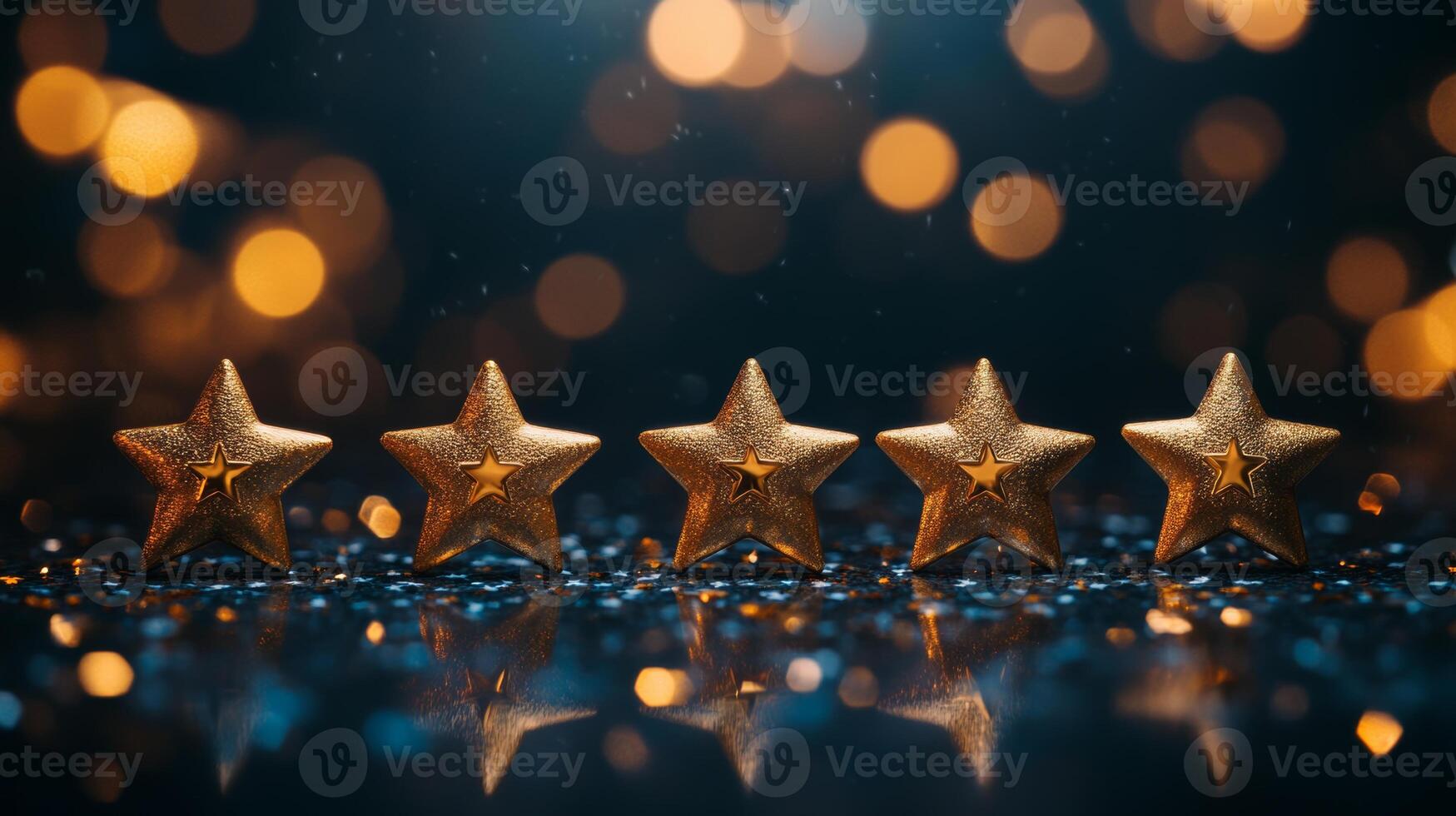 Five golden stars reflecting on a black background with bokeh, symbolizing top-notch business service and customer satisfaction photo