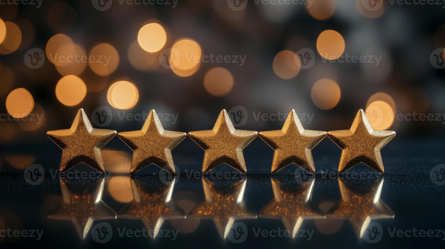 Golden five-star rating arranged on a reflective surface against a bokeh background, symbolizing excellent business service and customer experience photo
