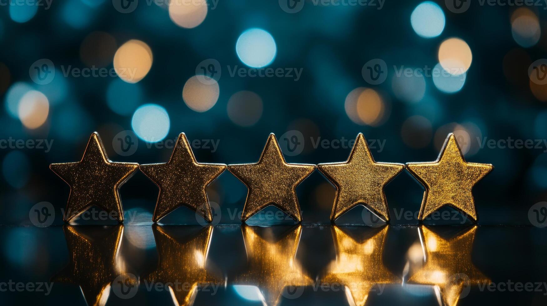 Five golden stars arranged in a row symbolizing top-rated business services against a bokeh background photo