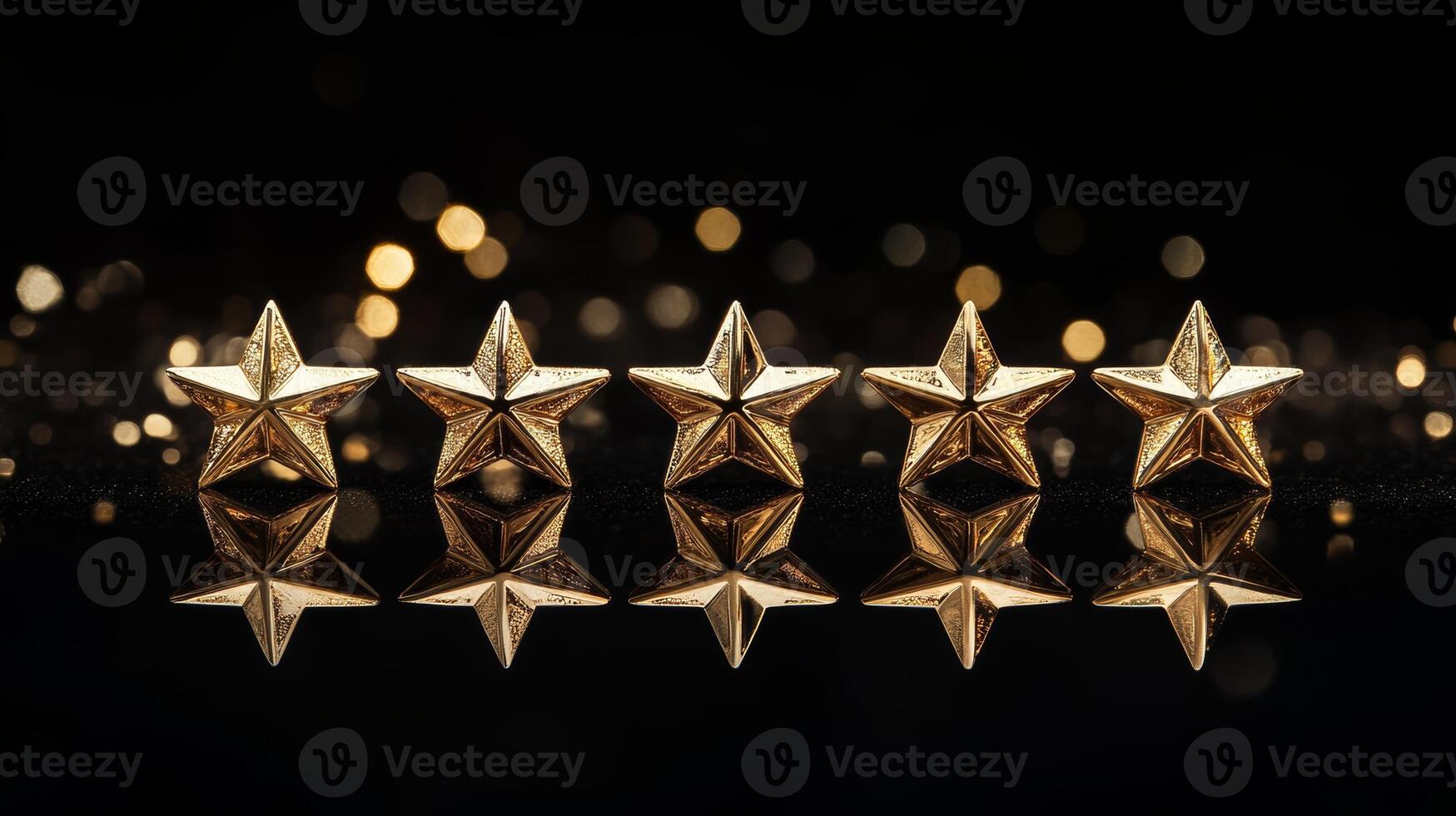 Five golden stars arranged in a row on a black background showcasing excellence and premium quality service photo